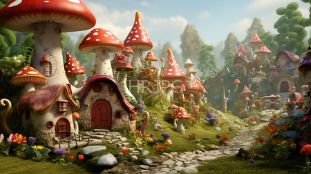 High Resolution: Enchanting village of whimsical fairy-tale houses with red mushroom caps and white spots on tall stems download. | HRJPG.com