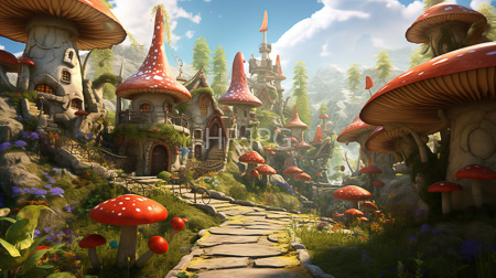 High Resolution: Enchanting whimsical village nestled among giant red-and-white-spotted mushrooms on rocky hillsides download. | HRJPG.com