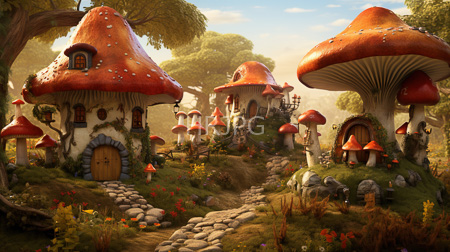 High Resolution: Whimsical red-capped mushroom houses with white and green exteriors in an enchanted forest clearing download. | HRJPG.com