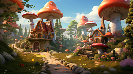 High Resolution: Enchanting whimsical village nestled among giant red-and-white-spotted mushrooms with white stems and green tops download. | HRJPG.com