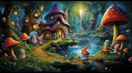 High Resolution: Enchanting whimsical forest scene with a charming fairy-tale cottage adorned in purple roofs by a small pond download. | HRJPG.com