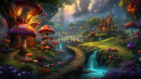 High Resolution: Enchanting fantasy landscape illustration featuring vibrant oversized red and purple mushrooms with white spots download. | HRJPG.com