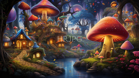 High Resolution: Enchanting whimsical forest scene at night with glowing mushrooms of varying sizes and colors download. | HRJPG.com