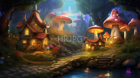 High Resolution: Enchanting forest village with whimsical glowing mushroom houses and charming cottages illuminated by warm yellow lights download. | HRJPG.com