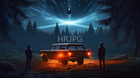 High Resolution: Three silhouetted figures standing before an illuminated vintage car on a forest path at night download. | HRJPG.com