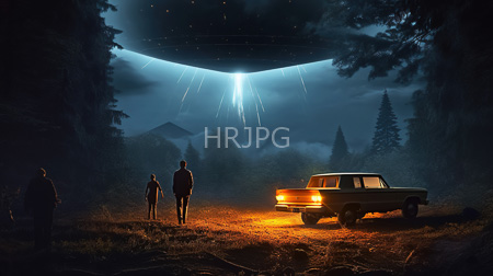 High Resolution: Three silhouetted figures standing near an old illuminated car before towering trees under a glowing celestial phenomenon download. | HRJPG.com