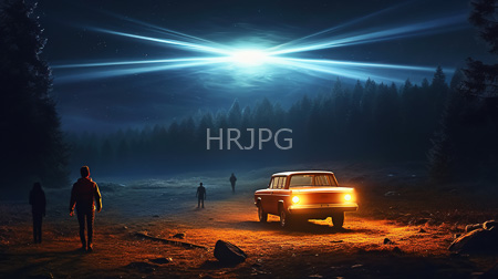 High Resolution: Illuminated nighttime forest clearing with bright starburst moonlight featuring five silhouetted figures and one glowing vintage car download. | HRJPG.com