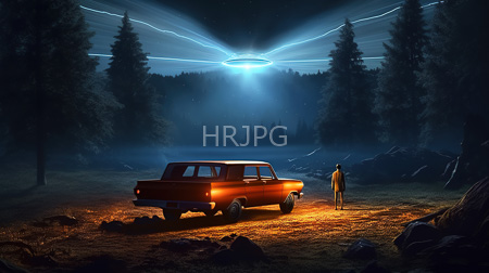 High Resolution: Orange vintage car parked on grassy terrain under moonlight in dense forest with a blue UFO-like light hovering above download. | HRJPG.com