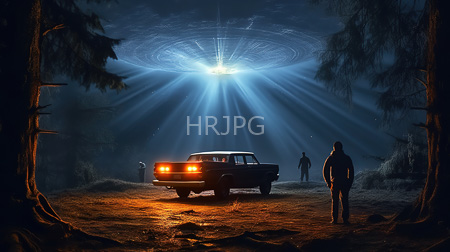 High Resolution: Eerie forest at night illuminated by ethereal blue beams resembling UFO lights featuring a vintage car download. | HRJPG.com