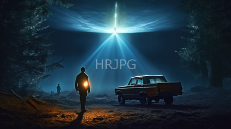 High Resolution: Eerie forest at night illuminated by beams of light resembling headlights featuring a vintage orange pickup truck download. | HRJPG.com