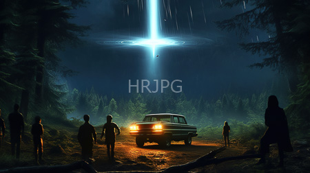 High Resolution: Six silhouetted figures standing before an illuminated vintage car on a forest path at night download. | HRJPG.com