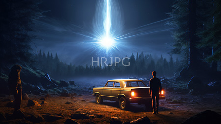 High Resolution: Eerie moonlit forest scene at night with a yellow vintage car's headlights casting orange glow download. | HRJPG.com