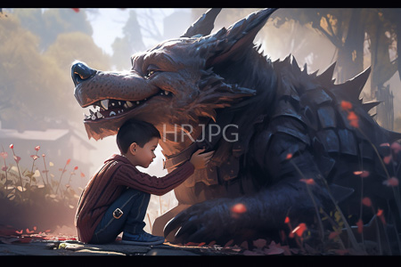 High Resolution: Young boy tenderly touching the large snout of a massive dragon-like creature adorned in dark armor plates download. | HRJPG.com