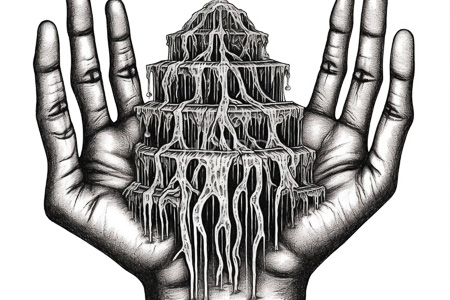 High Resolution: Two open hands holding an intricate multi-tiered structure resembling icicles or dripping wax download. | HRJPG.com