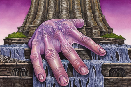 High Resolution: Oversized pinkish-purple hand with glistening droplets extending from icy waterfalls over ancient stone ruins download. | HRJPG.com