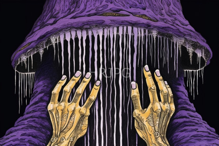 High Resolution: Two detailed golden hands with intricate patterns reaching towards an eerie hooded figure draped in textured lavender fabric download. | HRJPG.com