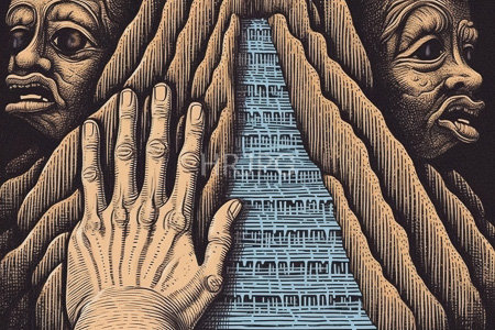 High Resolution: Vintage woodcut style shows two distressed human faces flanking central triangular structure filled with repetitive text patterns download. | HRJPG.com