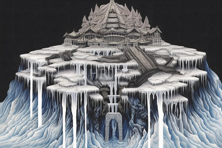 High Resolution: Intricately detailed ice-encrusted fantasy castle sits on icy cliffs with long icicles against black background featuring ornate roofs and towers download. | HRJPG.com
