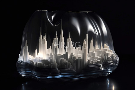 High Resolution: Intricate glass sculpture depicts a cityscape with numerous skyscrapers illuminated from within by soft white light download. | HRJPG.com