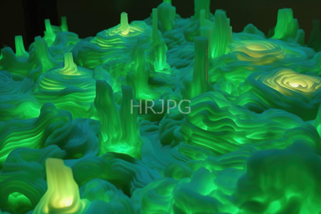 High Resolution: Abstract glowing sculpture with wavy textures resembles hills or waves in vivid green light against dark background download. | HRJPG.com