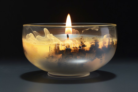 High Resolution: Illuminated glass bowl candle with intricate etched cityscape and mountain designs featuring warm yellow-orange light download. | HRJPG.com