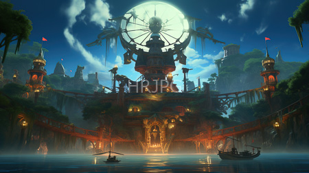 High Resolution: Ornate ancient temple with intricate architecture and glowing lights under full moonlight surrounded by lush greenery download. | HRJPG.com