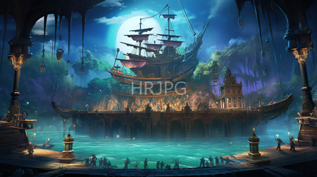 High Resolution: Illuminated ancient floating ship with tall masts and purple sails docked before ornate stone arches over turquoise water download. | HRJPG.com