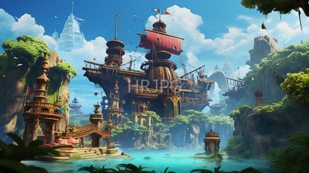High Resolution: Intricate steampunk-style floating city with ornate wooden structures and red sails on lush green cliffs by turquoise waters download. | HRJPG.com
