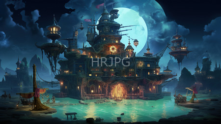 High Resolution: Enchanting floating pirate ship-house under full moonlight with glowing lanterns and intricate architecture download. | HRJPG.com