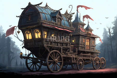 High Resolution: Intricately detailed wooden caravan with multiple stories and ornate rooflines on large wheels before misty forest trees download. | HRJPG.com