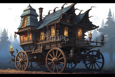 High Resolution: Intricately detailed wooden fairy-tale carriage with large spoked wheels and twisted rooflines set before misty forest trees download. | HRJPG.com
