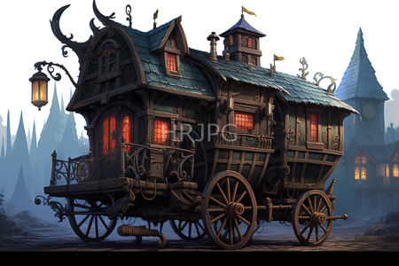 High Resolution: Intricately detailed medieval-style wooden caravan with ornate carvings and large spoked wheels on three axles download. | HRJPG.com