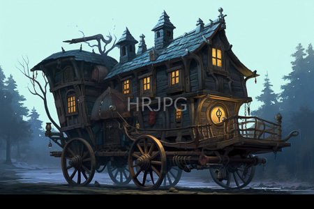 High Resolution: Intricately detailed wooden caravan with two stories and four large spoked wheels on icy forest road at dusk download. | HRJPG.com