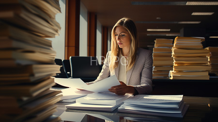 High Resolution: Blonde woman wearing white blouse and gray blazer sitting at office desk amidst tall stacks of papers download. | HRJPG.com