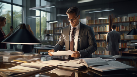 High Resolution: Young Caucasian man with short brown hair and glasses reading documents at a cluttered library desk download. | HRJPG.com