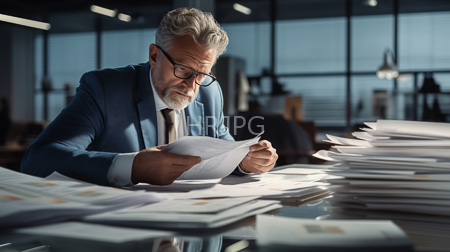 High Resolution: Older white man with gray hair and beard intently reading documents at his desk in modern office setting download. | HRJPG.com