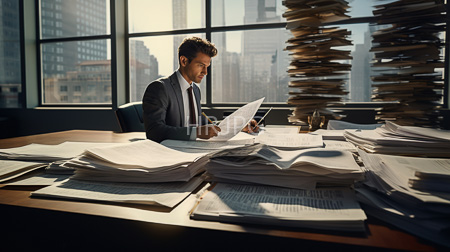 High Resolution: Young Caucasian man with curly brown hair writing on papers at his sunlit office desk amidst towering stacks of documents download. | HRJPG.com