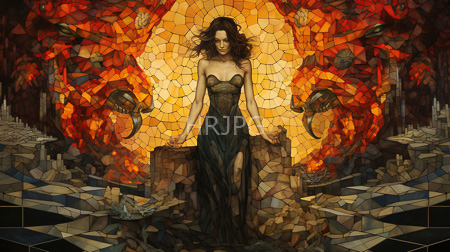 High Resolution: Ethereal woman with wavy brown hair wearing a strapless black gown with thigh-high slits against a fiery mosaic background download. | HRJPG.com