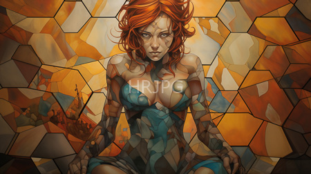 High Resolution: Intense red-haired woman with wavy hair sitting against a mosaic-like background wearing revealing blue fabric download. | HRJPG.com