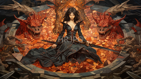 High Resolution: Attractive dark-haired woman in flowing black dress holding a sword on fiery orange ground surrounded by two red dragon-headed creatures download. | HRJPG.com