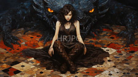 High Resolution: Ethereal pale-skinned woman with dark wavy hair sitting on patterned tile floor before a large black dragon-like creature download. | HRJPG.com