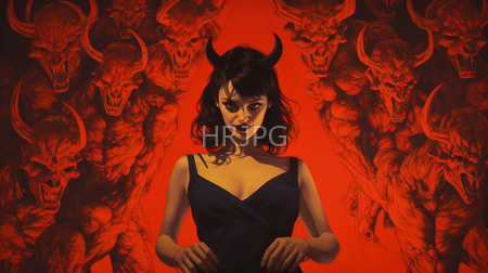 High Resolution: Attractive dark-haired woman with small horns wearing a low-cut navy dress against a vivid red background filled with menacing demonic figures download. | HRJPG.com