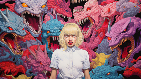 High Resolution: Anime-style blonde woman with red lips against a chaotic background of colorful dragon heads download. | HRJPG.com