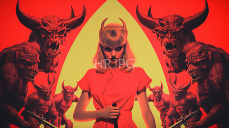 High Resolution: Androgynous blonde woman wearing a pink dress against a red-yellow gradient background framed by two large demonic minotaurs download. | HRJPG.com