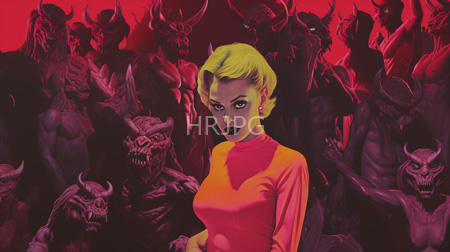 High Resolution: Anime-style blonde woman with short hair wearing a bright orange turtleneck dress against a red background filled by dark silhouettes download. | HRJPG.com