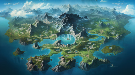 High Resolution: Fantasy landscape illustration depicting an archipelago with lush green islands jagged mountains and crystal-clear blue waters download. | HRJPG.com