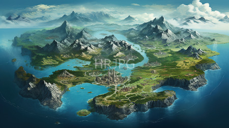 High Resolution: Fantasy landscape illustration depicting an archipelago with lush green islands towering jagged mountains under blue skies download. | HRJPG.com