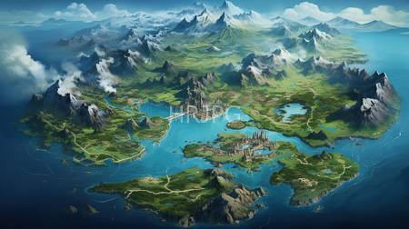 High Resolution: Expansive lush island archipelago with towering mountains and crystal-clear blue lakes surrounded by vibrant greenery download. | HRJPG.com