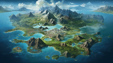 High Resolution: Expansive lush island with jagged mountains and numerous blue lakes surrounded by deep turquoise waters download. | HRJPG.com