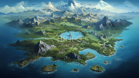 High Resolution: Fantasy landscape painting depicting an archipelago with lush green islands towering jagged mountains under blue skies download. | HRJPG.com